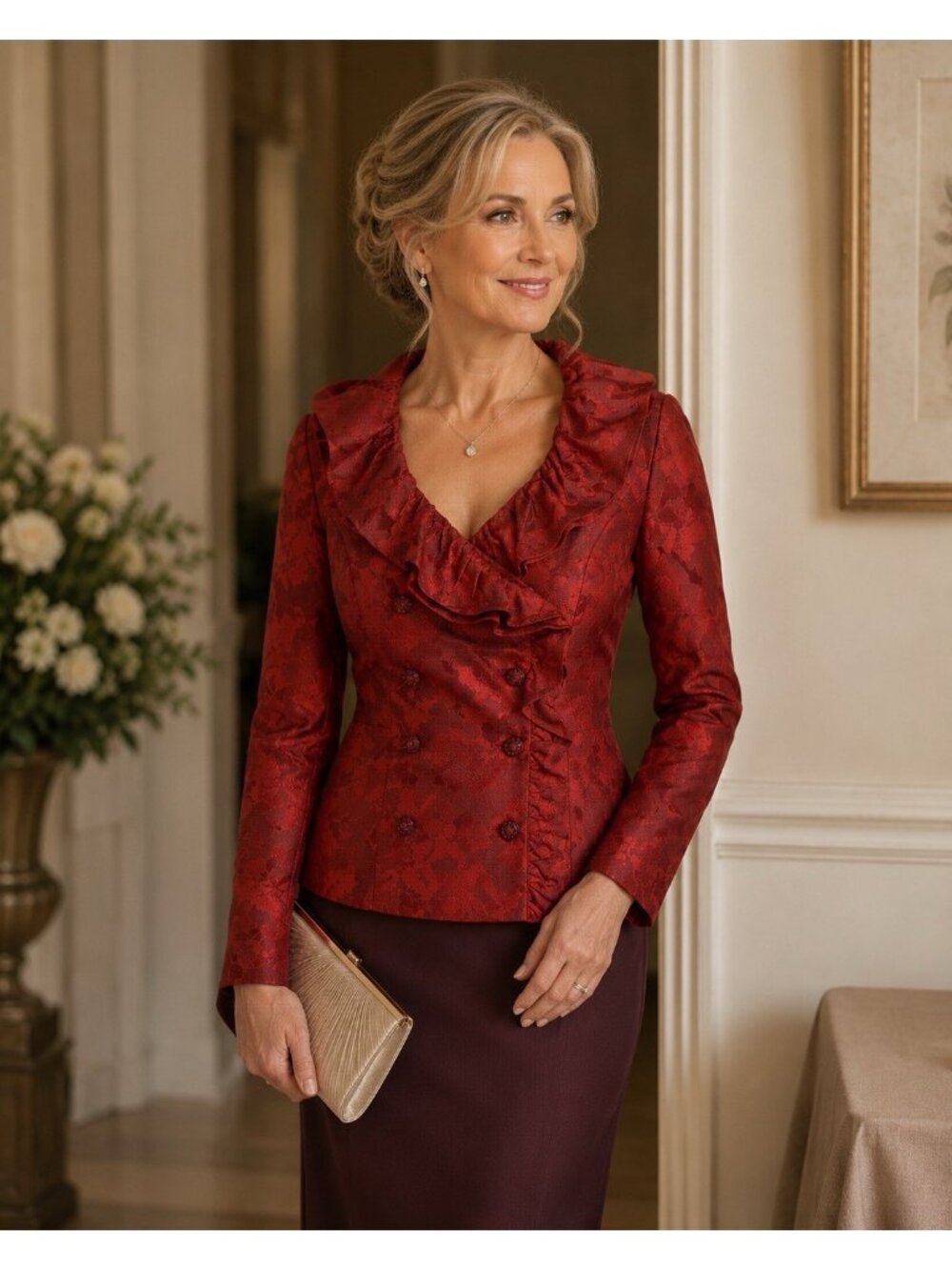 Vintage Teri Jon Ricky freeman Red Silk Jacard Jewel Ruffle Evening Jacket 2